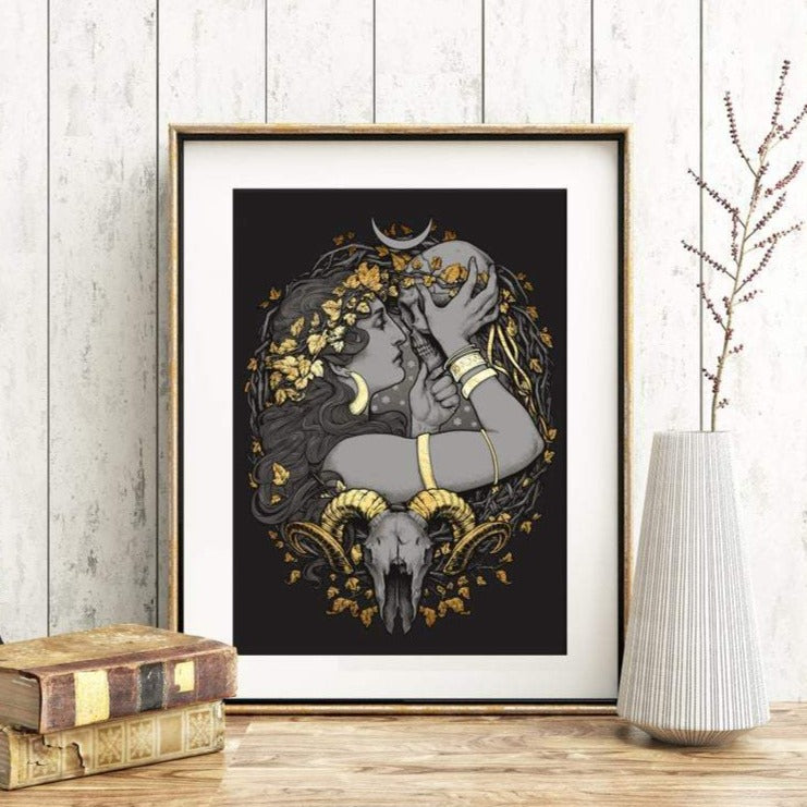 RAM WITCH Printed Framed Art BLACK AND GOLD MOON SKULL