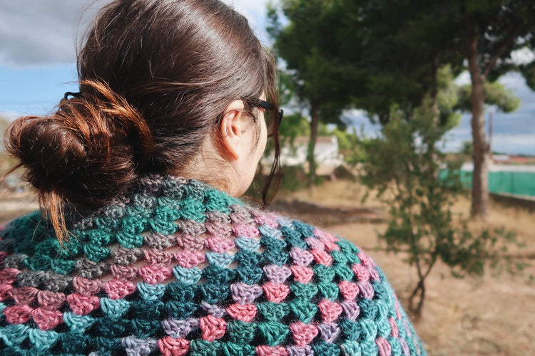 HANDMADE WITCH SHAWL BLUE PINK GREEN CROCHET FOLK