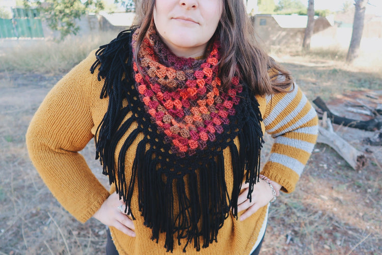 HANDMADE WITCH SHAWL RED BROWN BLACK CROCHET FOLK