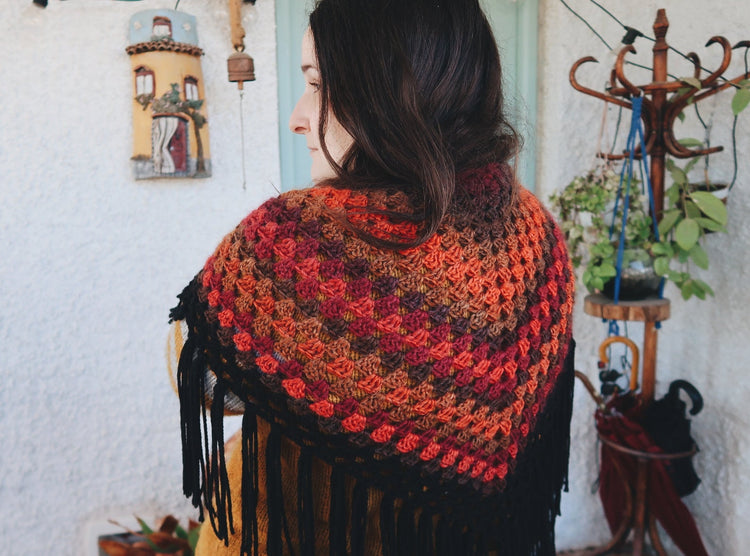 HANDMADE WITCH SHAWL RED BROWN BLACK CROCHET FOLK