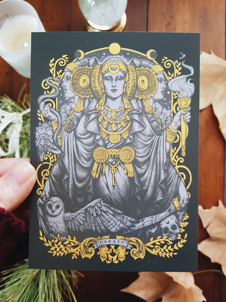 HECATE POSTCARD WITCHCRAFT OWL BLACK AND GOLD GODDESSES