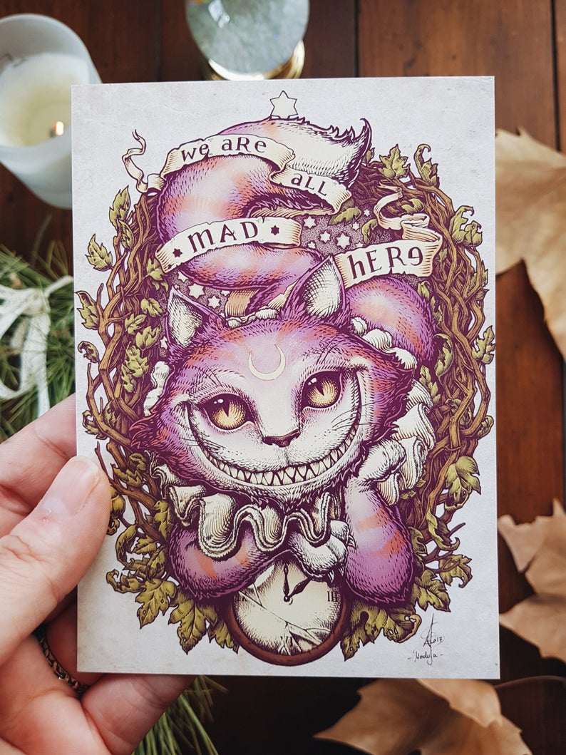CHESHIRE CAT Digital Printable Art original design purple cat smile alice in wonderland
