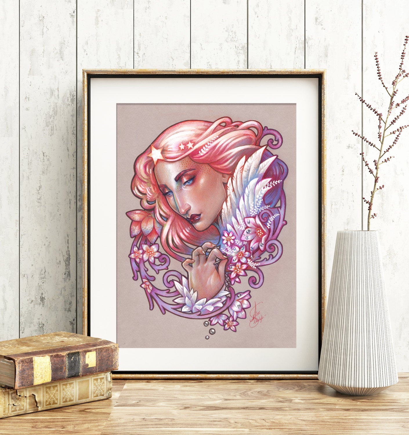 morning star medusa dollmaker red hair stars and wings woman astronomy morning art pastel colours redhair art nouveau