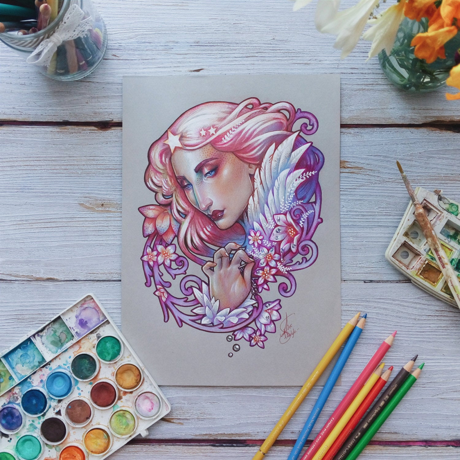 morning star medusa dollmaker red hair stars and wings woman astronomy morning art pastel colours redhair art nouveau