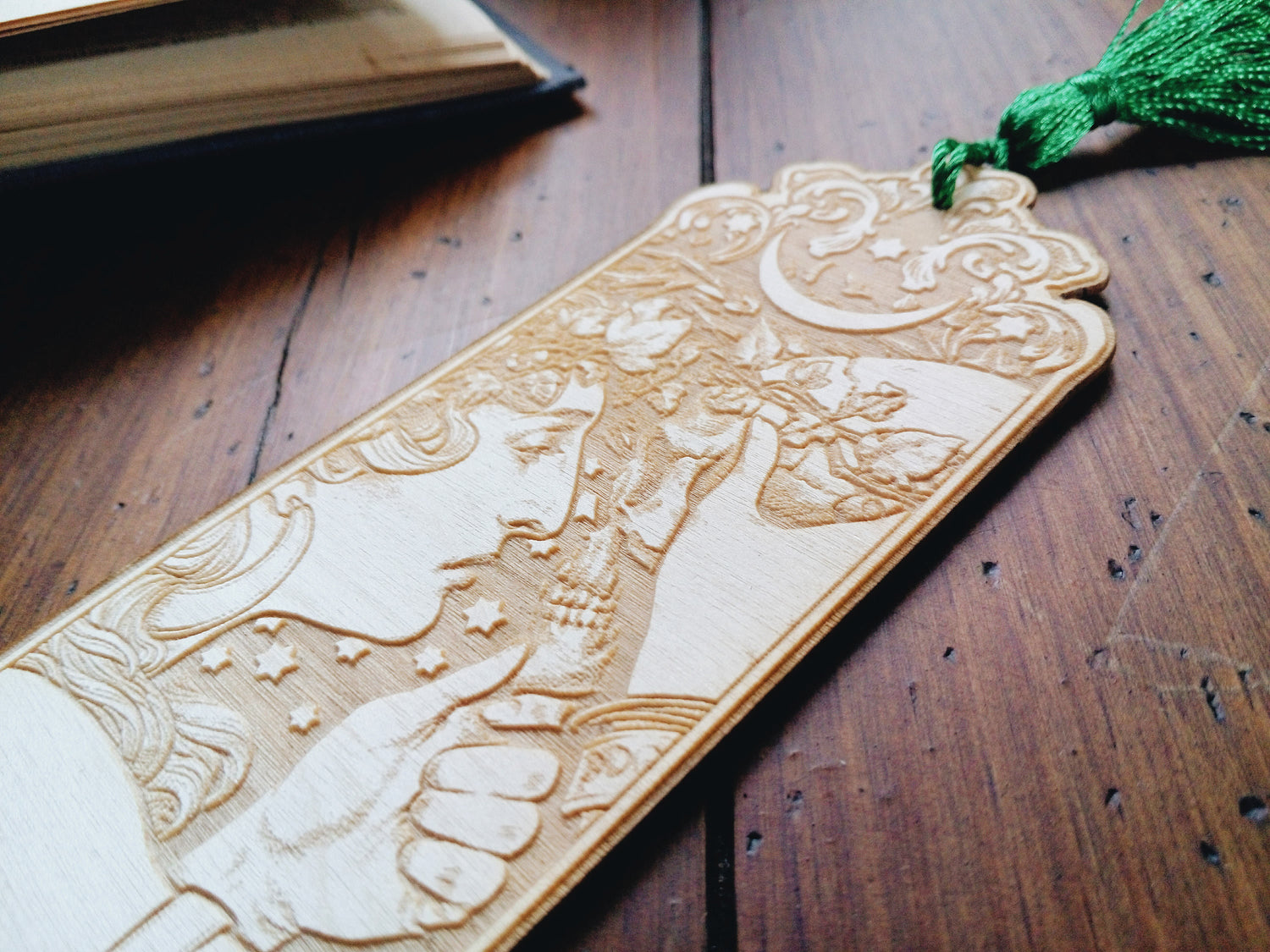 Witch Art Nouveau Laser Cut Wooden Bookmark WITCHY THINGS SKULL MOON STARS FILIGREE