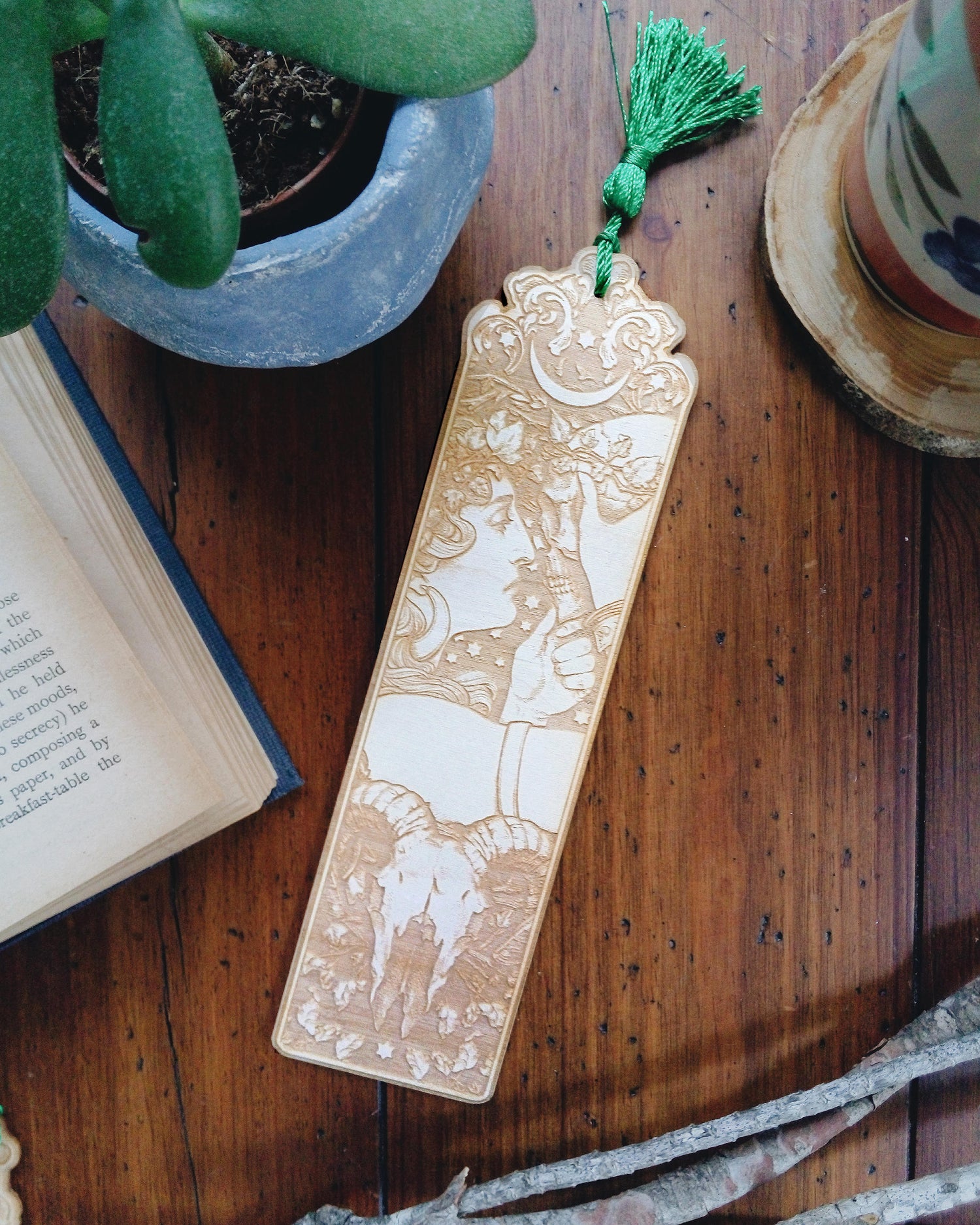 Witch Art Nouveau Laser Cut Wooden Bookmark WITCHY THINGS SKULL MOON STARS FILIGREE