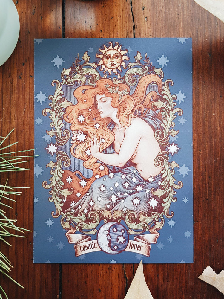 postcards art nouveau, witch, skull, mermaid, cheshire cat, wonderland, folk witch, iberian hecate, gamer nouveau, cosmic lover, sun and moon, stars, bohemian, wanderlust, boho