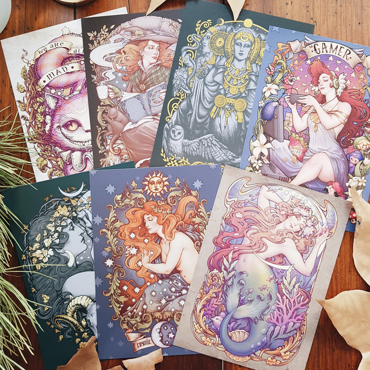 postcards art nouveau, witch, skull, mermaid, cheshire cat, wonderland, folk witch, iberian hecate, gamer nouveau, cosmic lover, sun and moon, stars, bohemian, wanderlust, boho