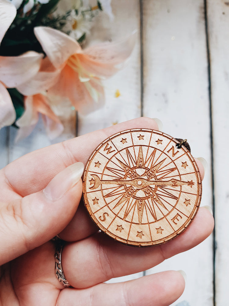 COMPASS NECKLACE WOOD PETER PAN TALES LASER CUT MEDUSA DOLLMAKER