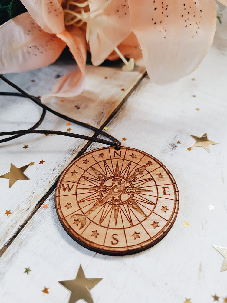 COMPASS NECKLACE WOOD PETER PAN TALES LASER CUT MEDUSA DOLLMAKER