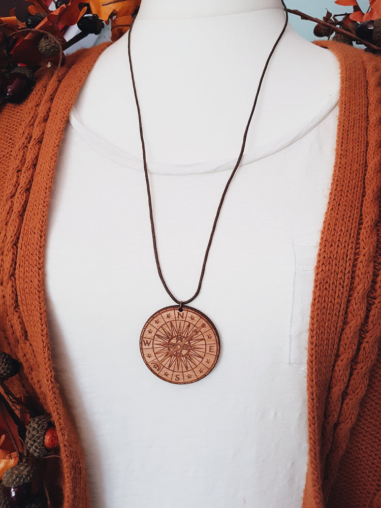 COMPASS NECKLACE WOOD PETER PAN TALES LASER CUT MEDUSA DOLLMAKER