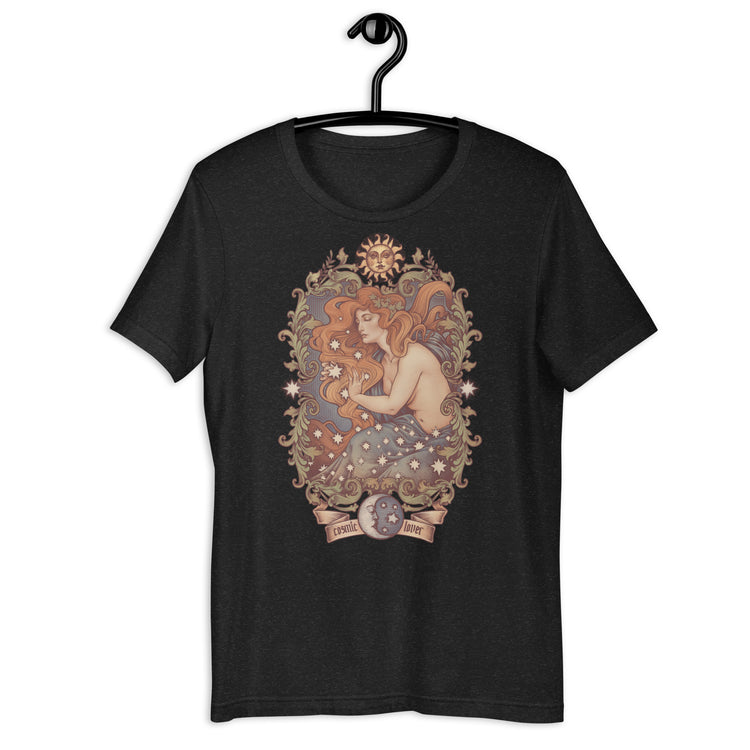 t-shirt cosmic lover stars sun moon filigree green and blue  red hair scene ideal moon witchcraft witch clothes  art nouveau medusa dollmaker light cotton unisex