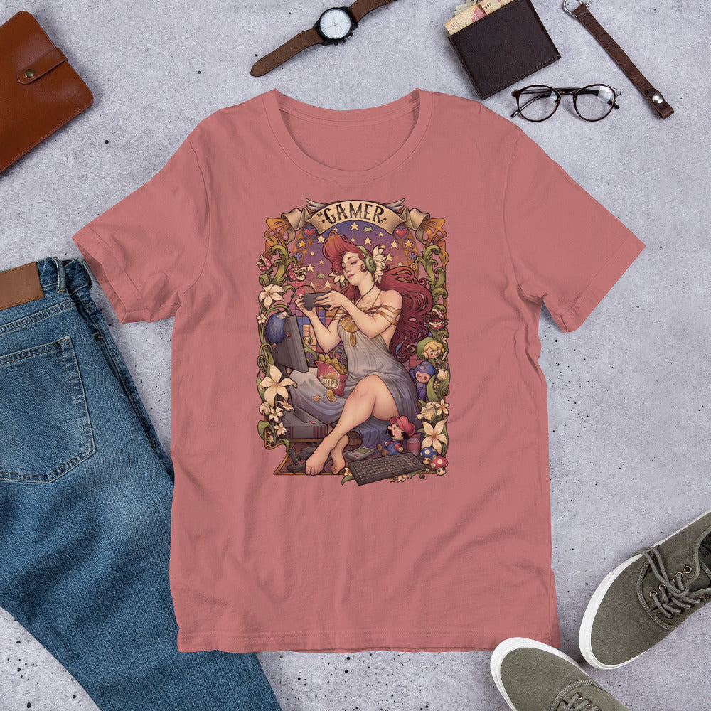 t-shirt gamer red hair nintendo flowers girl videogames  art nouveau medusa dollmaker light cotton unisex